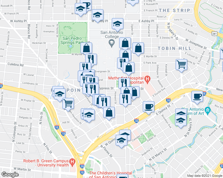 map of restaurants, bars, coffee shops, grocery stores, and more near 216 West Cypress Street in San Antonio
