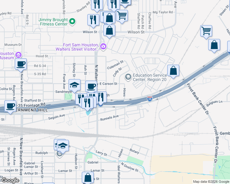 map of restaurants, bars, coffee shops, grocery stores, and more near 323 Jim Street in San Antonio