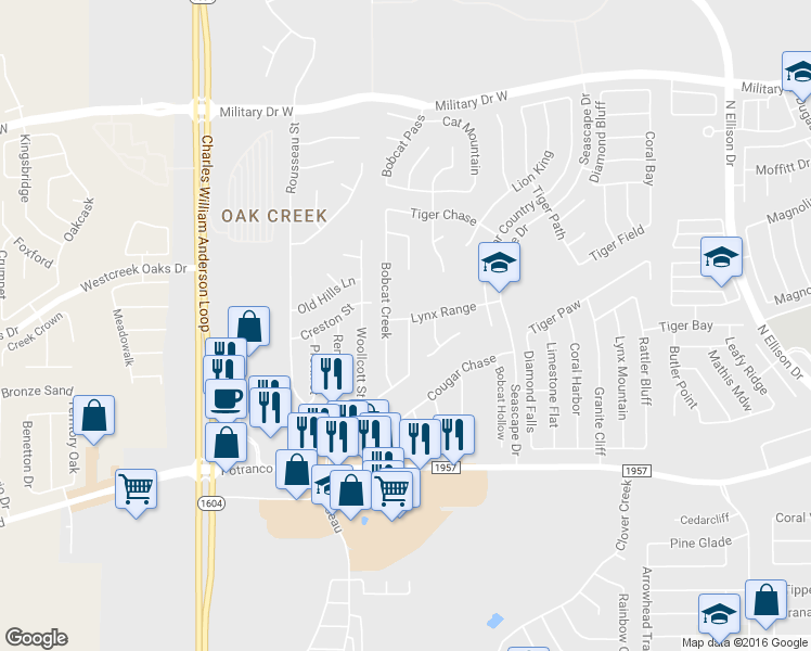 map of restaurants, bars, coffee shops, grocery stores, and more near 731 Leopard Hollow in San Antonio