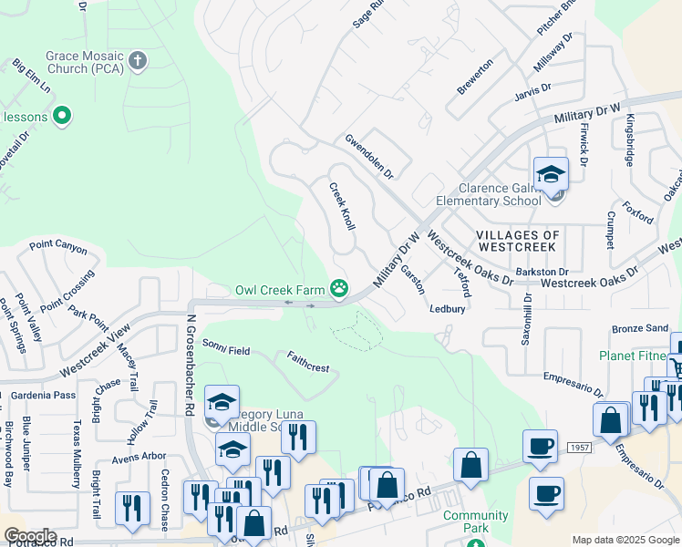map of restaurants, bars, coffee shops, grocery stores, and more near 823 Creek Gate in San Antonio