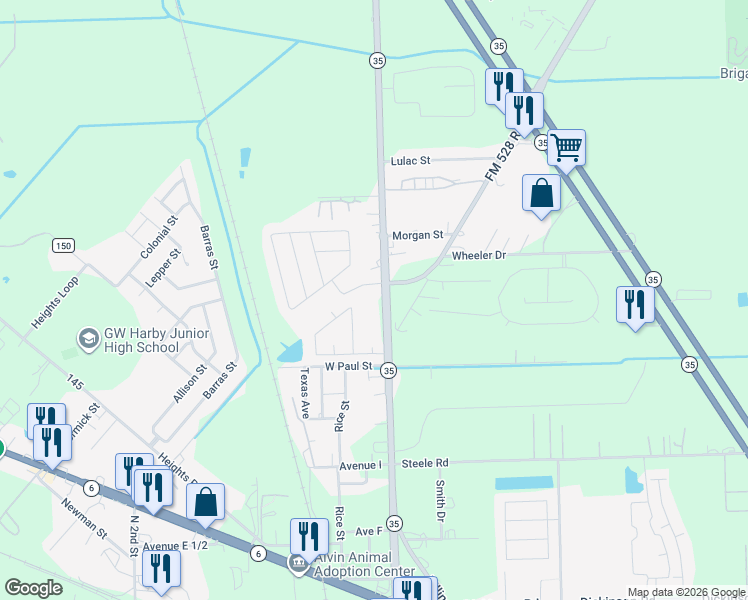 map of restaurants, bars, coffee shops, grocery stores, and more near 1905 North Gordon Street in Alvin
