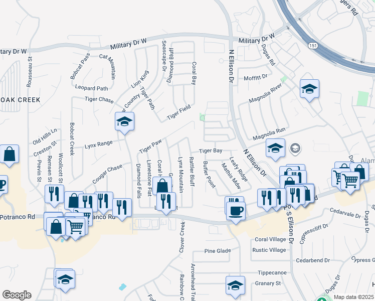 map of restaurants, bars, coffee shops, grocery stores, and more near 671 Rattler Bluff in San Antonio