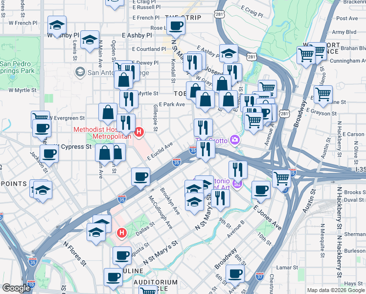 map of restaurants, bars, coffee shops, grocery stores, and more near 801 East Elmira Street in San Antonio