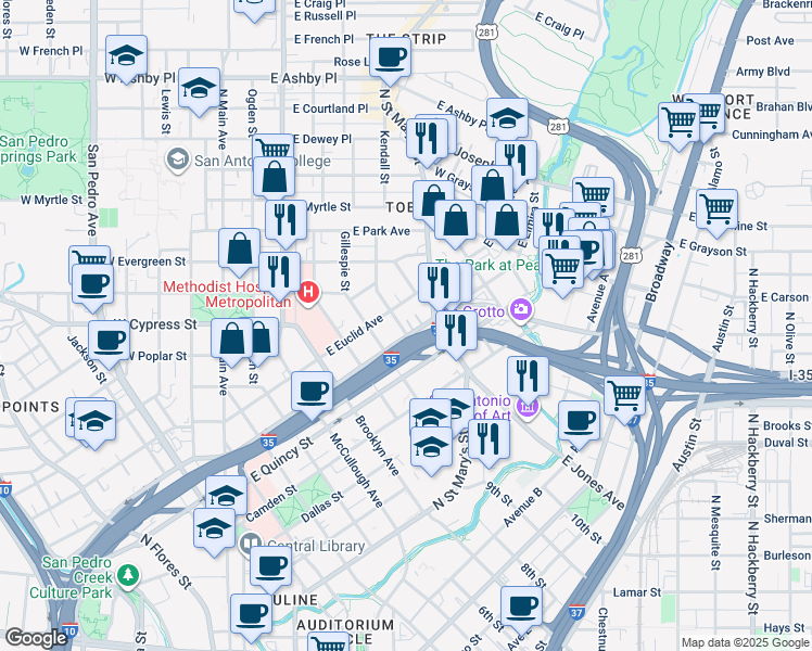 map of restaurants, bars, coffee shops, grocery stores, and more near 801 East Elmira Street in San Antonio