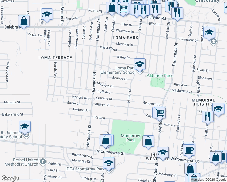 map of restaurants, bars, coffee shops, grocery stores, and more near 421 Groff Avenue in San Antonio