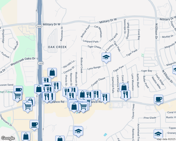 map of restaurants, bars, coffee shops, grocery stores, and more near 731 Leopard Hollow in San Antonio