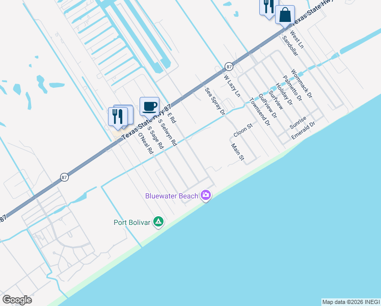 map of restaurants, bars, coffee shops, grocery stores, and more near 910 South Selwyn Road in Bolivar Peninsula