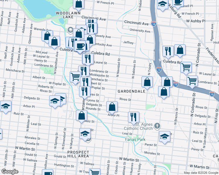 map of restaurants, bars, coffee shops, grocery stores, and more near 1915 West Poplar Street in San Antonio