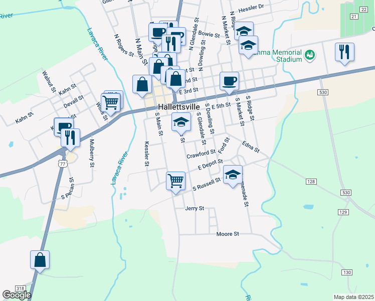 map of restaurants, bars, coffee shops, grocery stores, and more near 407 South Texana Street in Hallettsville