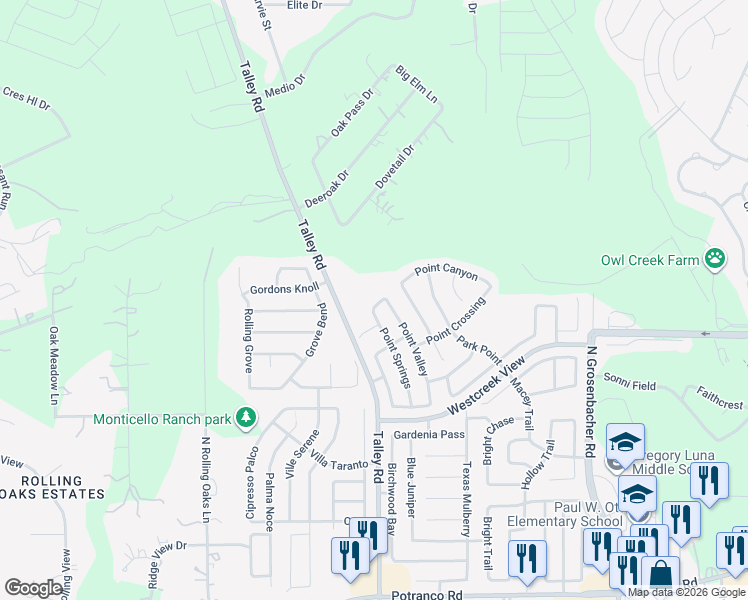map of restaurants, bars, coffee shops, grocery stores, and more near 12815 Point Bell in San Antonio