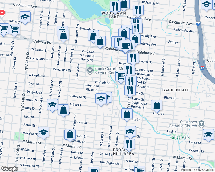 map of restaurants, bars, coffee shops, grocery stores, and more near 221 Roberts Street in San Antonio