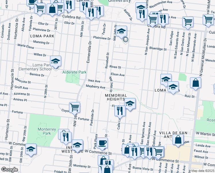 map of restaurants, bars, coffee shops, grocery stores, and more near 303 Mayberry Avenue in San Antonio