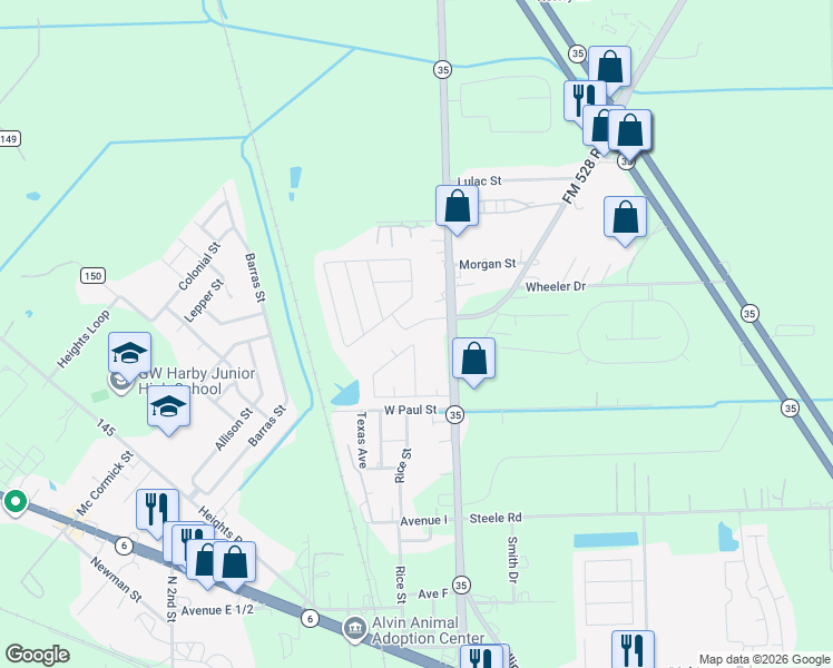 map of restaurants, bars, coffee shops, grocery stores, and more near 1905 North Gordon Street in Alvin