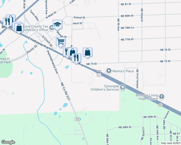 map of restaurants, bars, coffee shops, grocery stores, and more near 894 East Hathaway Avenue in Bronson