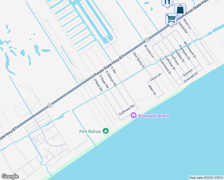 map of restaurants, bars, coffee shops, grocery stores, and more near 938 South Sage Road in Bolivar Peninsula