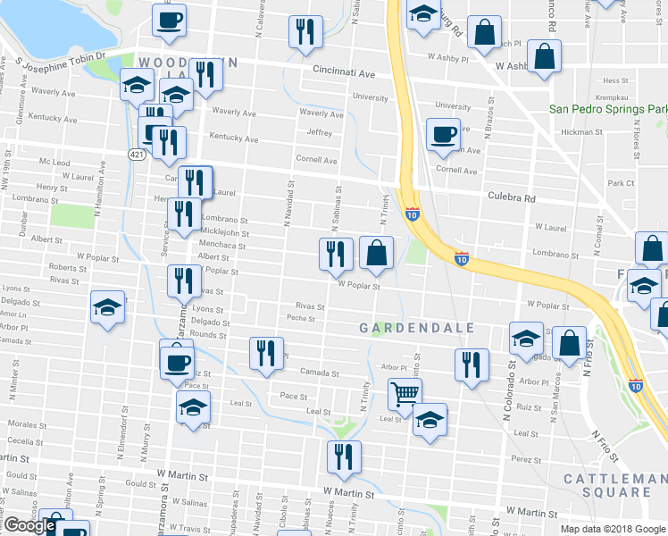map of restaurants, bars, coffee shops, grocery stores, and more near 1302 North Sabinas Street in San Antonio