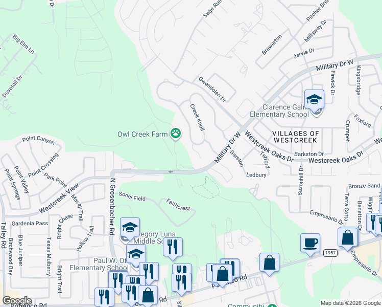 map of restaurants, bars, coffee shops, grocery stores, and more near 823 Creek Gate in San Antonio