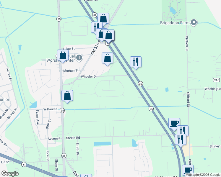 map of restaurants, bars, coffee shops, grocery stores, and more near 566-592 Wheeler Drive in Alvin