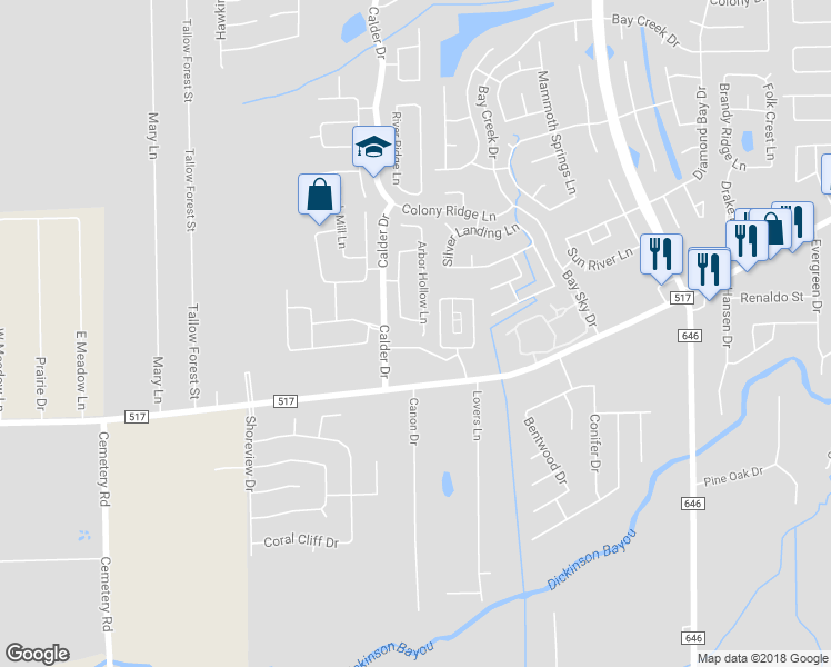 map of restaurants, bars, coffee shops, grocery stores, and more near 6856 Arbor Hollow Lane in Dickinson