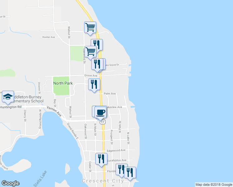 map of restaurants, bars, coffee shops, grocery stores, and more near 210 Palm in Crescent City