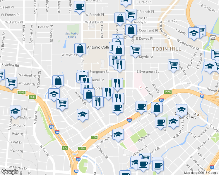 map of restaurants, bars, coffee shops, grocery stores, and more near in San Antonio