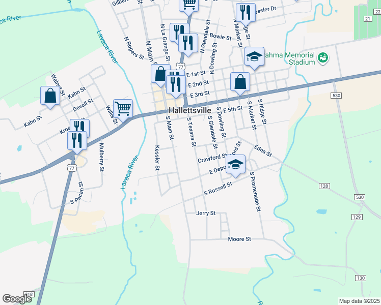 map of restaurants, bars, coffee shops, grocery stores, and more near 407 South Texana Street in Hallettsville