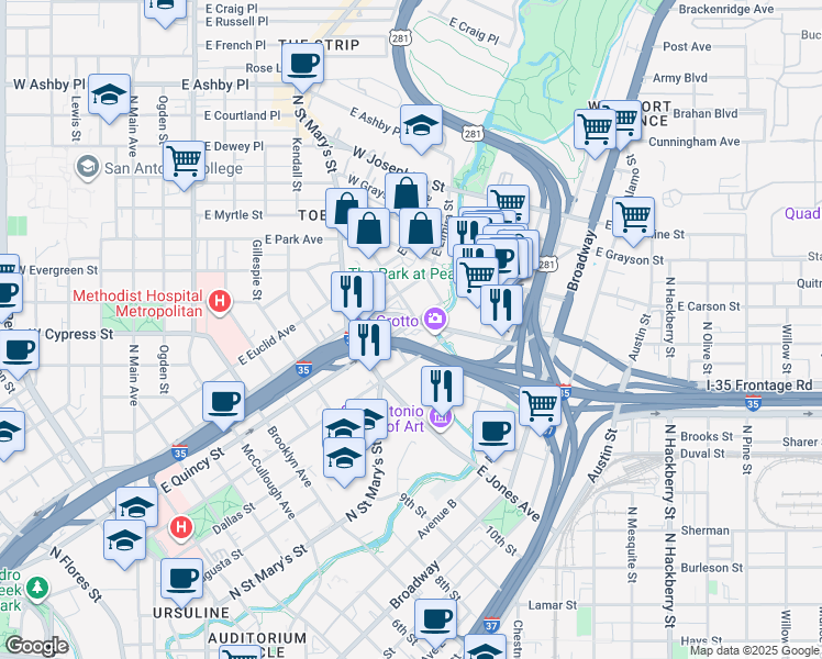 map of restaurants, bars, coffee shops, grocery stores, and more near 1103 East Quincy Street in San Antonio