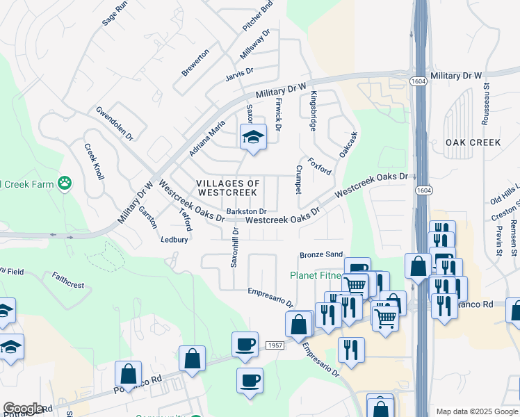 map of restaurants, bars, coffee shops, grocery stores, and more near 11722 Barkston Drive in San Antonio