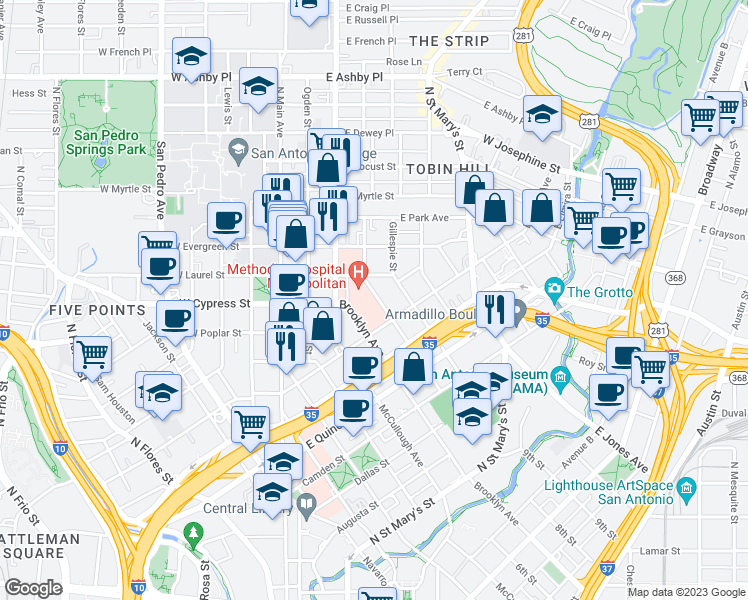 map of restaurants, bars, coffee shops, grocery stores, and more near 7 Erie Avenue in San Antonio