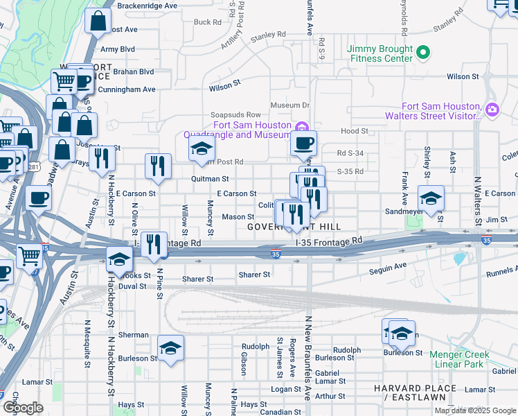 map of restaurants, bars, coffee shops, grocery stores, and more near 719 Mason Street in San Antonio