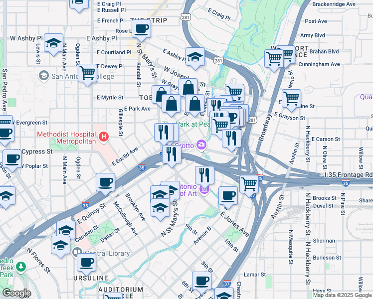 map of restaurants, bars, coffee shops, grocery stores, and more near 1103 East Quincy Street in San Antonio