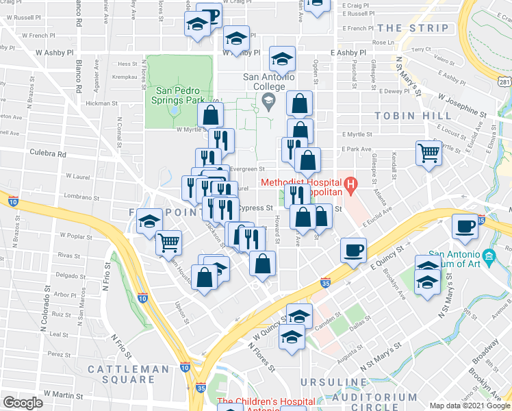 map of restaurants, bars, coffee shops, grocery stores, and more near 316 West Cypress Street in San Antonio