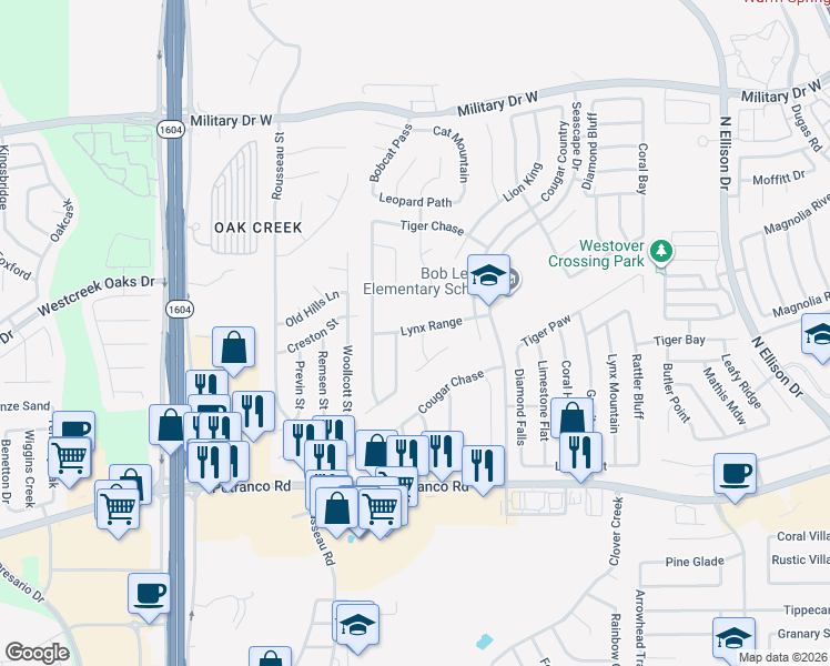 map of restaurants, bars, coffee shops, grocery stores, and more near 820 Cub Path in San Antonio