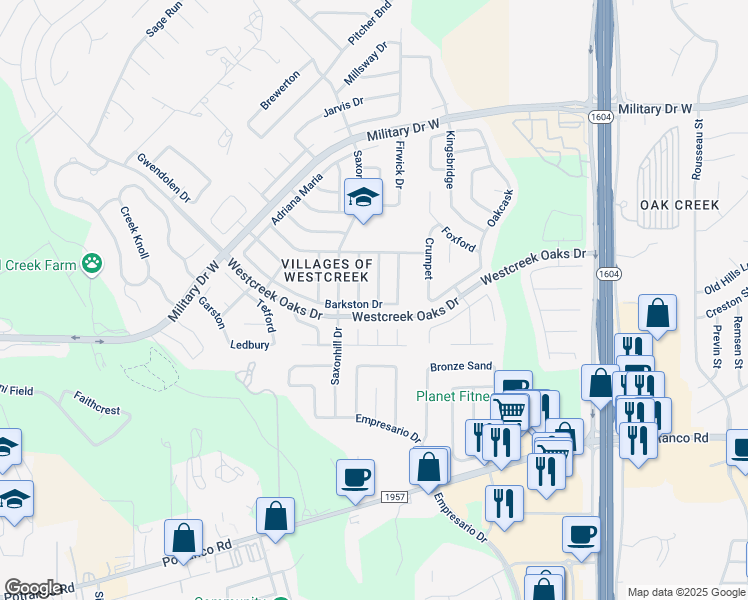map of restaurants, bars, coffee shops, grocery stores, and more near 11722 Barkston Drive in San Antonio