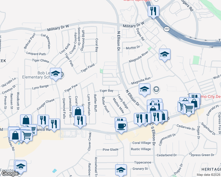 map of restaurants, bars, coffee shops, grocery stores, and more near 10122 Tiger Bay in San Antonio