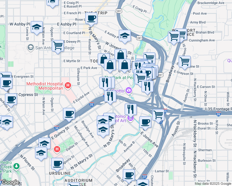 map of restaurants, bars, coffee shops, grocery stores, and more near 1103 East Quincy Street in San Antonio