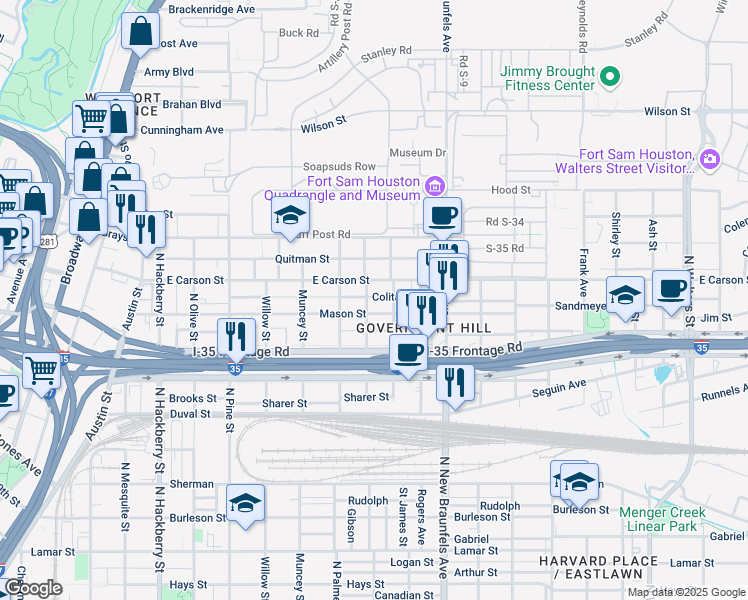 map of restaurants, bars, coffee shops, grocery stores, and more near 719 Mason Street in San Antonio