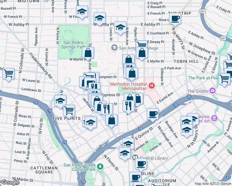 map of restaurants, bars, coffee shops, grocery stores, and more near 505 Howard Street in San Antonio