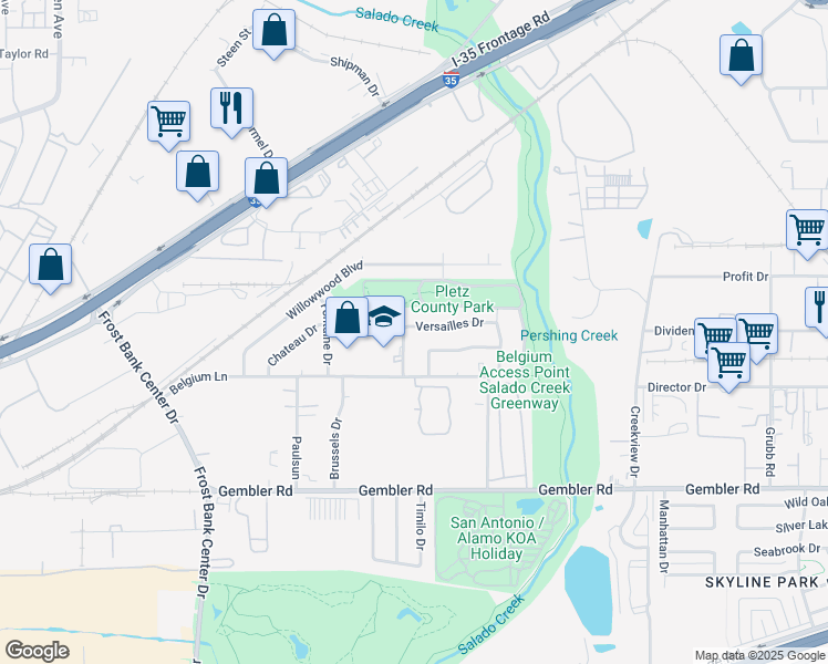 map of restaurants, bars, coffee shops, grocery stores, and more near 1223 Rossolis Drive in San Antonio
