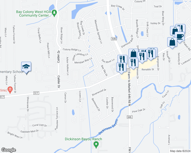 map of restaurants, bars, coffee shops, grocery stores, and more near 901 Farm to Market 517 Road West in Dickinson