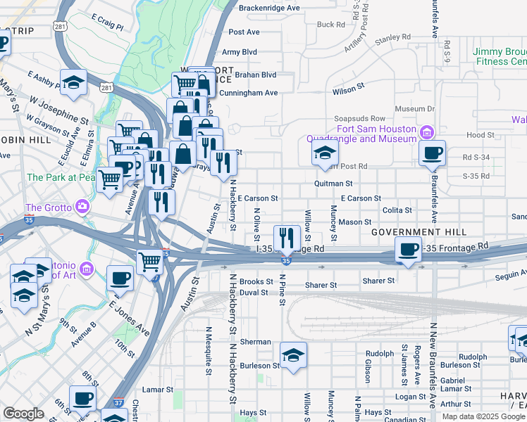 map of restaurants, bars, coffee shops, grocery stores, and more near 1703 North Olive Street in San Antonio