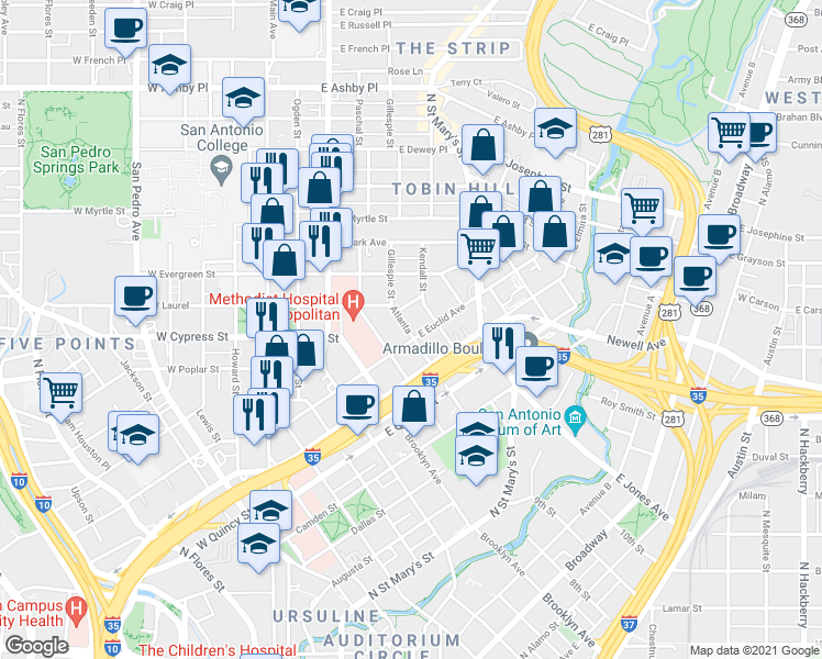map of restaurants, bars, coffee shops, grocery stores, and more near 623 East Euclid Avenue in San Antonio