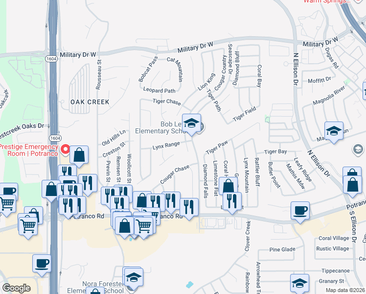map of restaurants, bars, coffee shops, grocery stores, and more near 803 Cougar Country in San Antonio