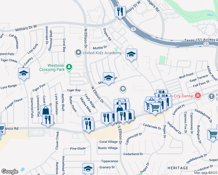 map of restaurants, bars, coffee shops, grocery stores, and more near 600 North Ellison Drive in San Antonio