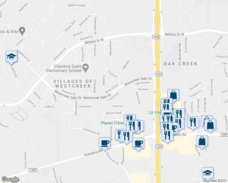 map of restaurants, bars, coffee shops, grocery stores, and more near Westcreek Oaks Dr & Creek Haven in Bexar