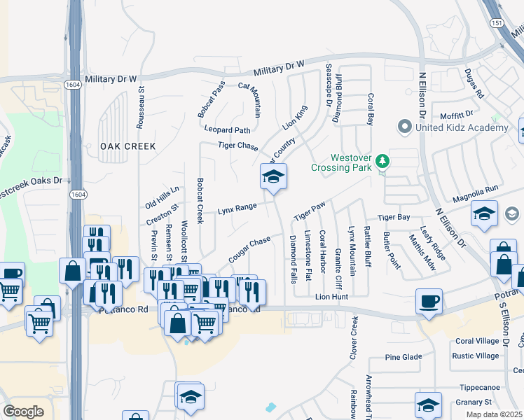 map of restaurants, bars, coffee shops, grocery stores, and more near 803 Cougar Country in San Antonio