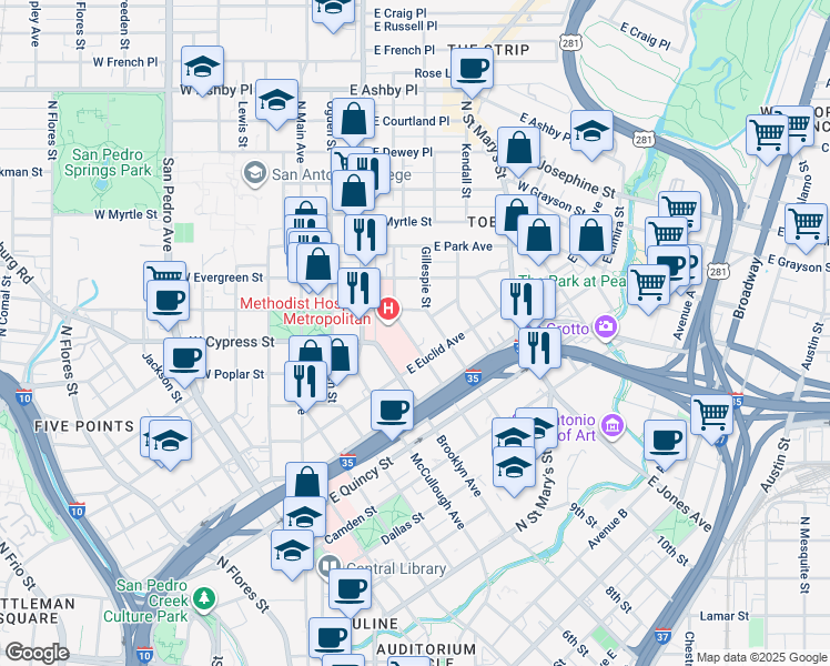 map of restaurants, bars, coffee shops, grocery stores, and more near 826 Erie Avenue in San Antonio