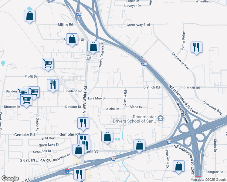 map of restaurants, bars, coffee shops, grocery stores, and more near 4618 Dietrich Road in San Antonio