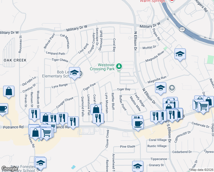 map of restaurants, bars, coffee shops, grocery stores, and more near 671 Rattler Bluff in San Antonio