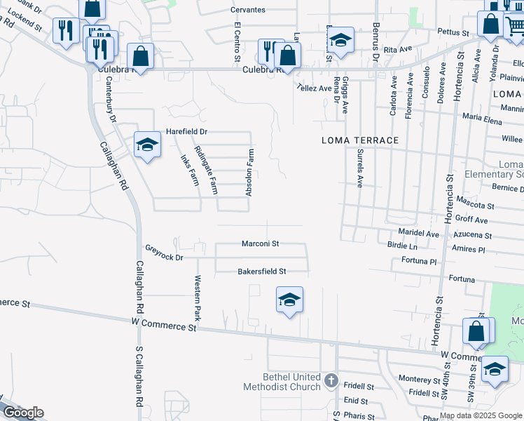 map of restaurants, bars, coffee shops, grocery stores, and more near 600 Laven Drive in San Antonio